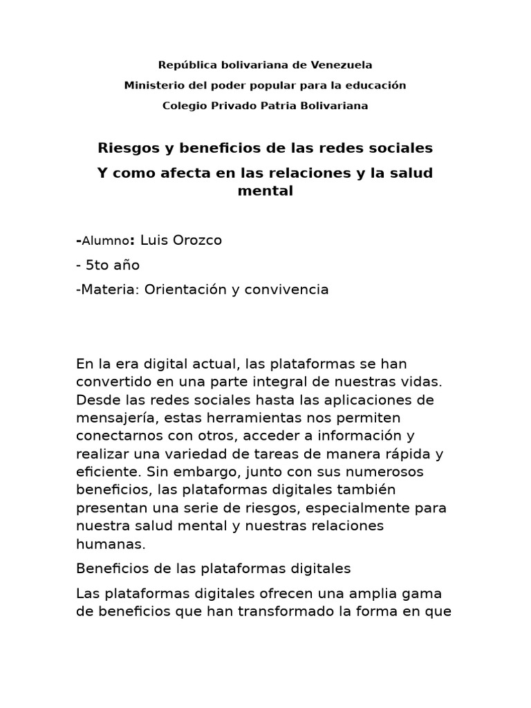 Ensayo Sobre Los Beneficios Riesgos de Las Redes Sociales | PDF | Acoso ...