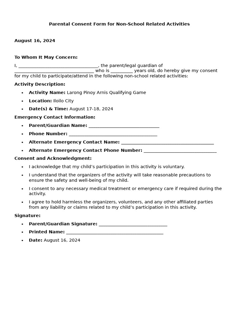 Parental Consent Form for Activities | PDF | Consent | Social Institutions