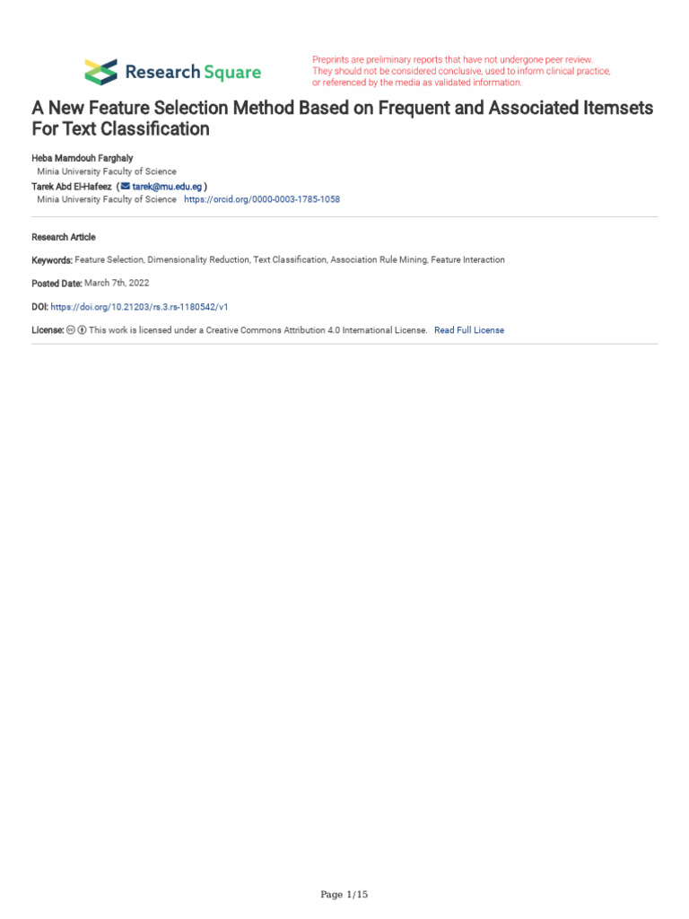 A New Feature Selection Method Based On Frequent A | PDF | Statistical ...