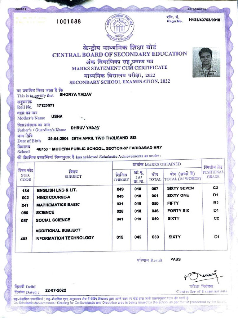 CBSE 2022 Marks Statement Certificate | PDF