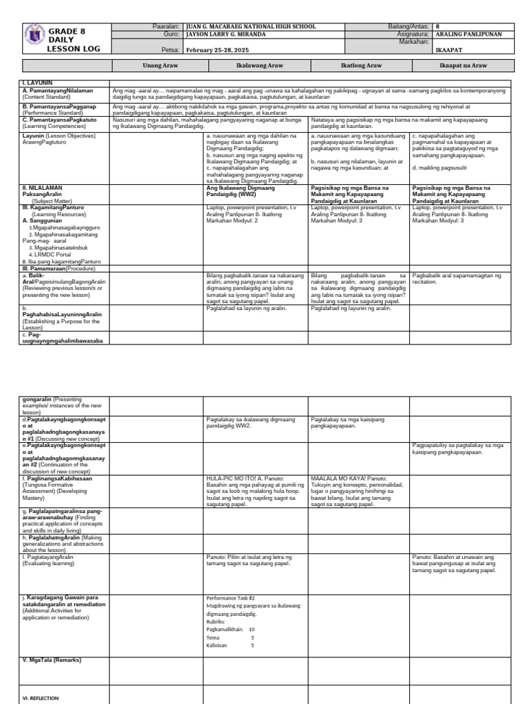 Grade 8 Daily Lesson Log | PDF