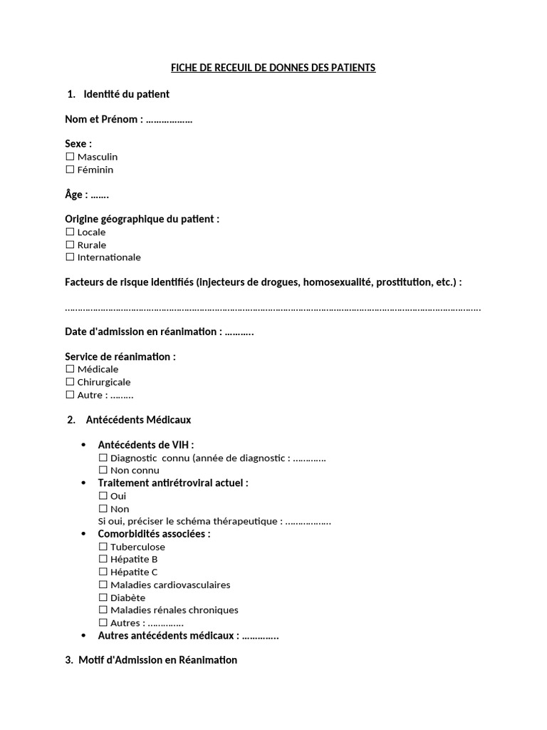 Fiche de Recueil de Données Patient | PDF | Médecine de soins intensifs ...