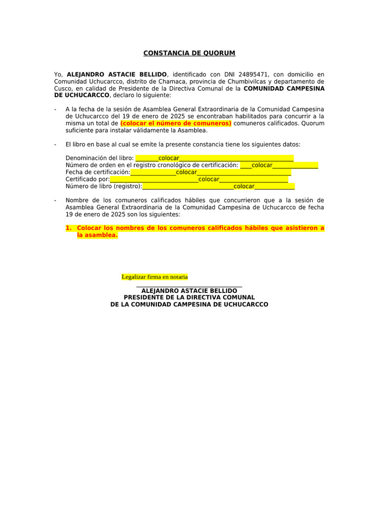 Modelo de Constancia de Quorum | PDF