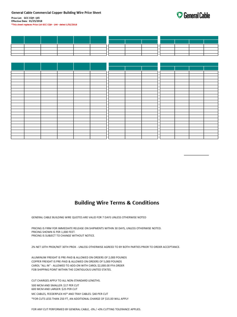 General Cable Wire Price List 2018 | PDF | Manufactured Goods | Wire