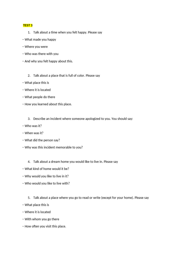 Test 3 and Test 4 Speaking Topics | PDF