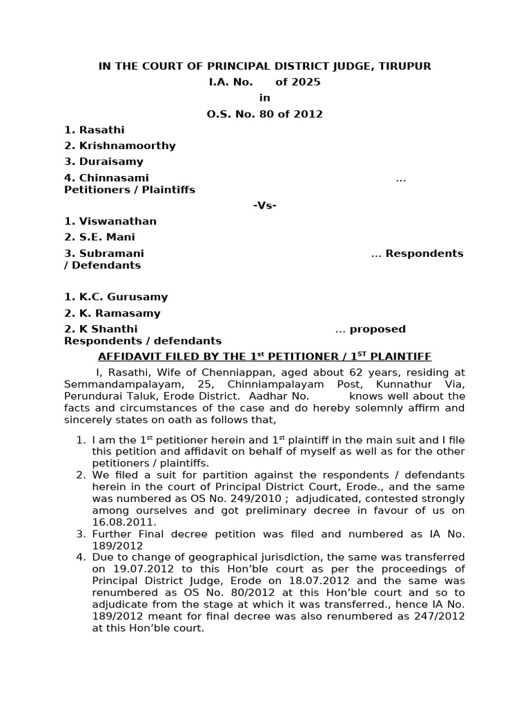 Partition Suit Affidavit: Tirupur Court | PDF | Lawsuit | Deed