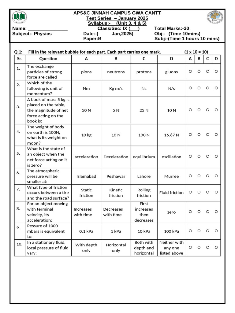 Class 9 Physics Test Paper | PDF | Force | Pressure