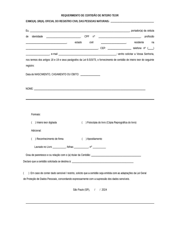 Requerimento de Certidão de Inteiro Teor | PDF