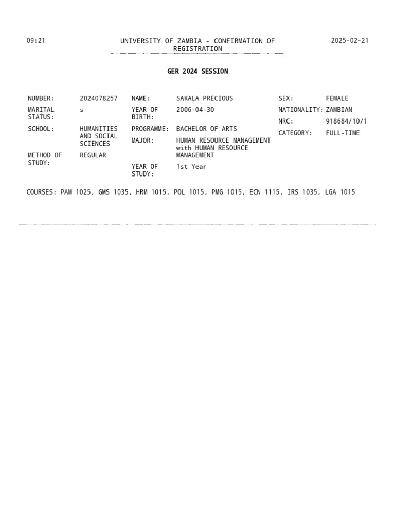 University of Zambia Registration Confirmation | PDF