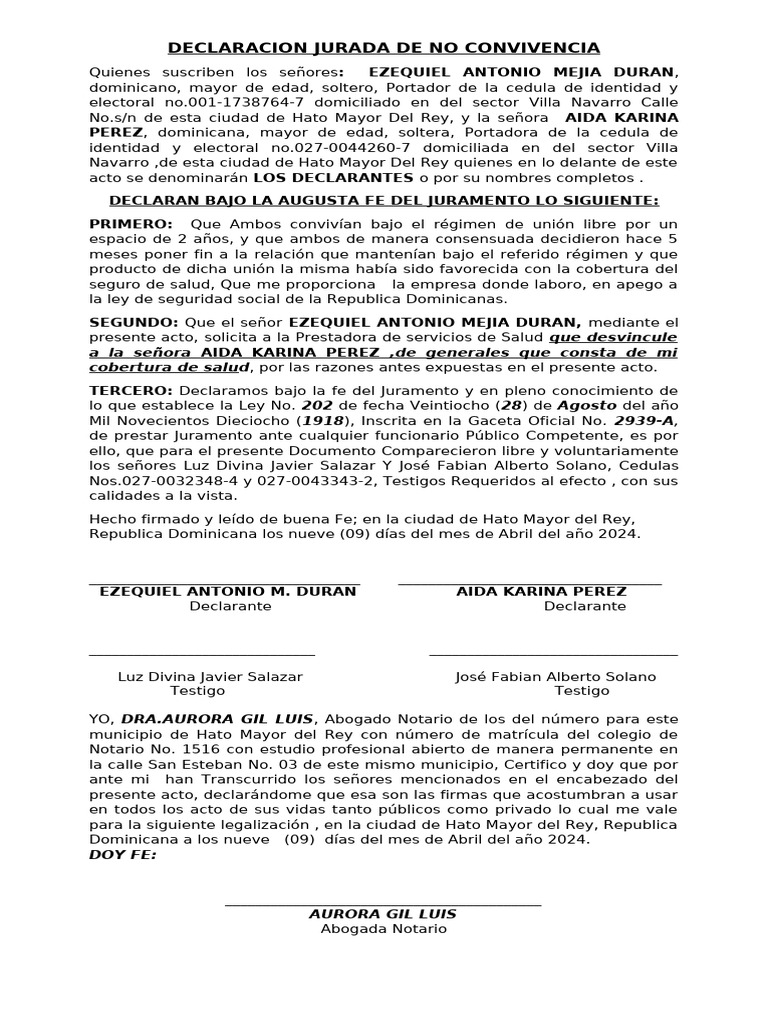 Declaracion Jurada de No Convivencia Ezequiel Cel. | PDF