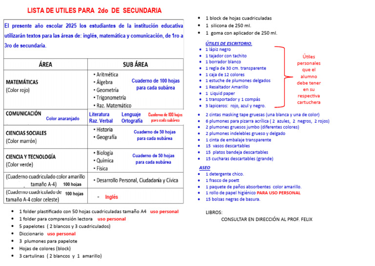 Lista de Útiles para 2do Secundaria | PDF