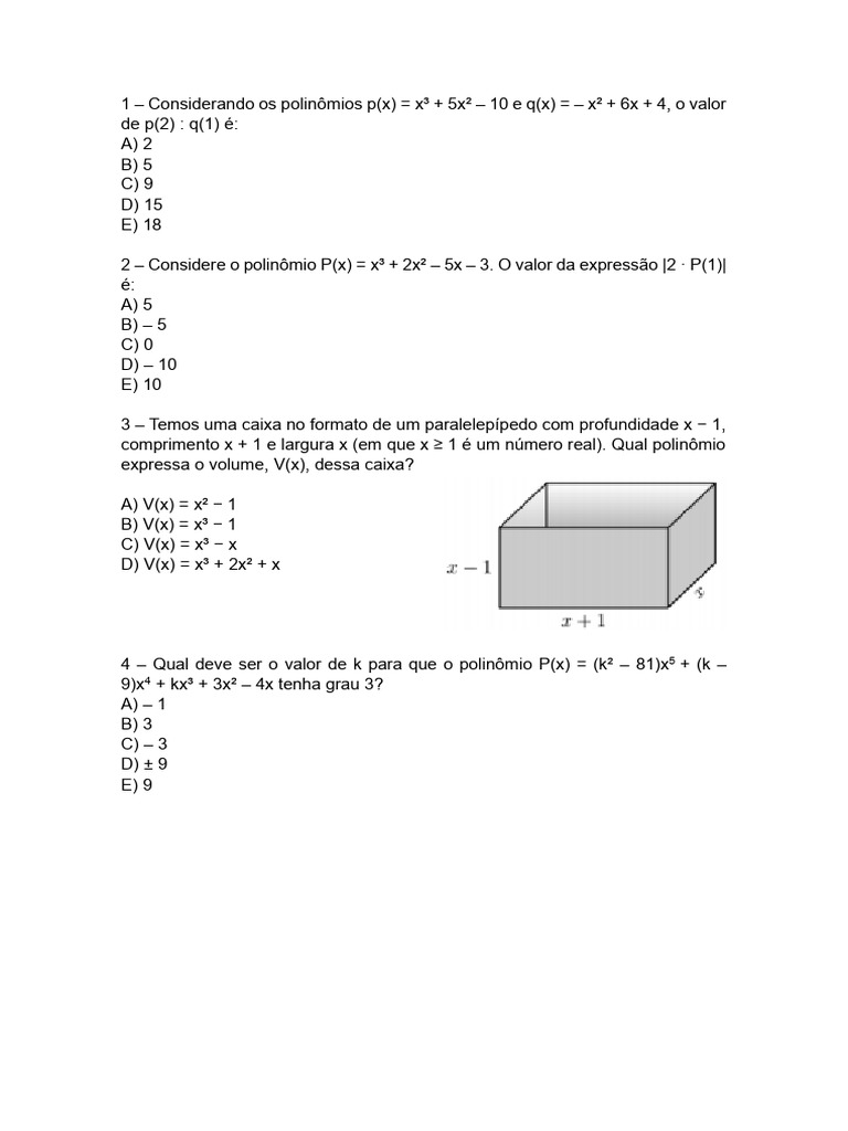 Exercícios sobre Polinômios | PDF | Matemática