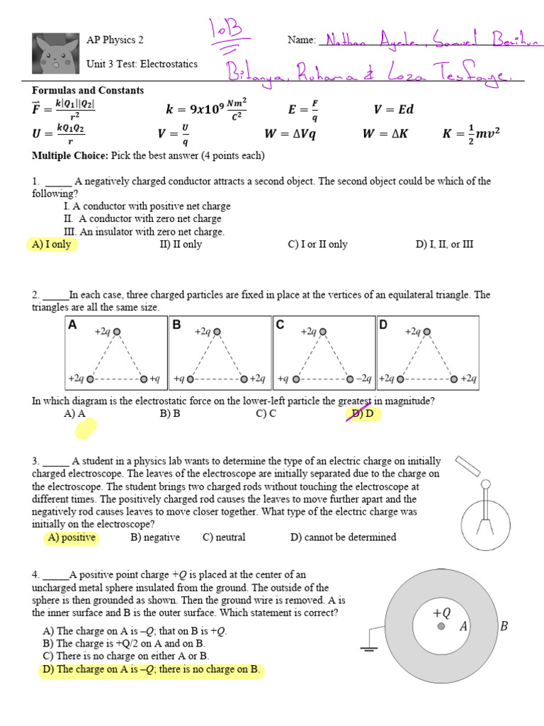 AP Physics 2 Electrostatics Test Review | PDF | Electric Charge ...