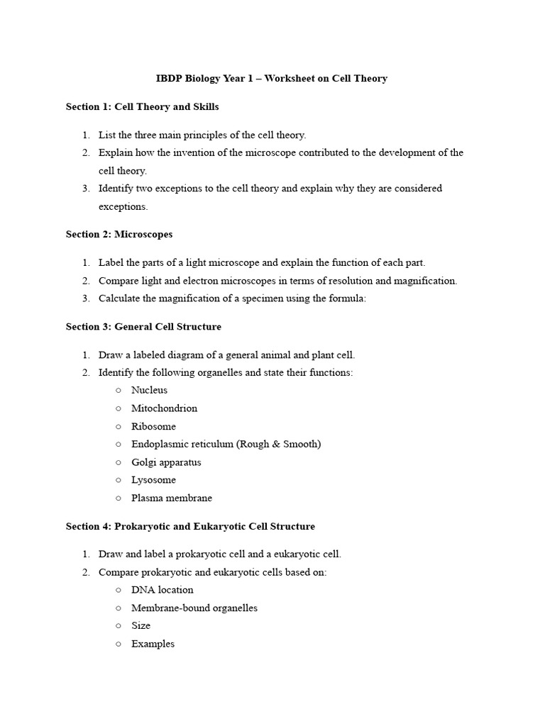 Worksheet On Cell Theory | PDF | Cell (Biology) | Eukaryotes