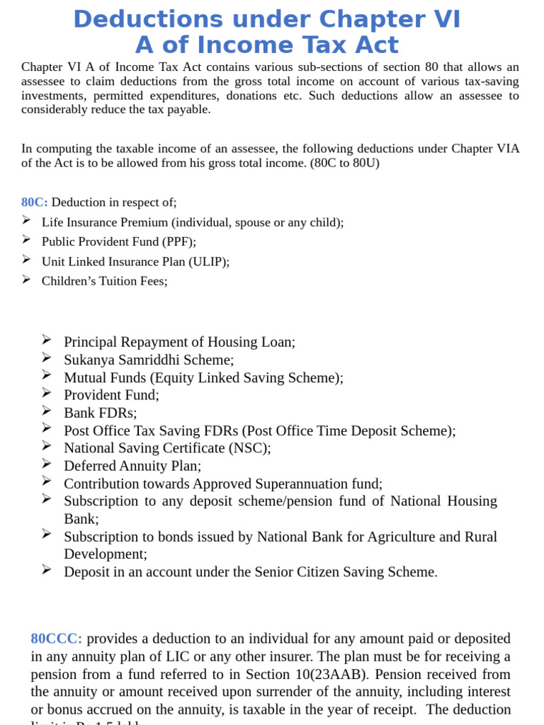 Income Tax Deductions Under Chapter VI A | PDF | Tax Deduction | Pension