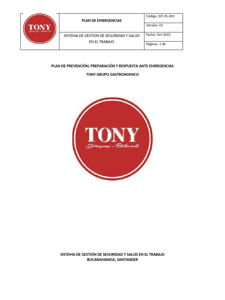 Plan de Emergencias para TONY Grupo Gastronómico | PDF | Seguridad y ...