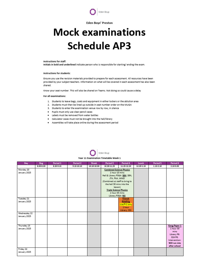 Year 11 Mock Exam Schedule 2025 | PDF