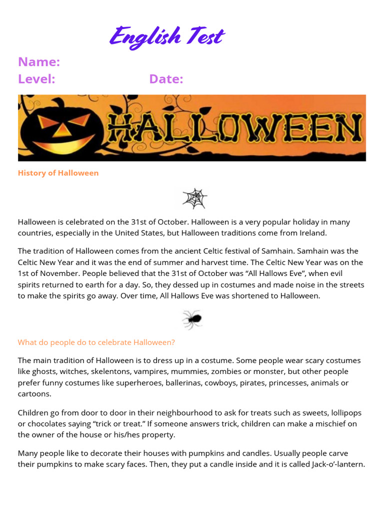 2nd Juniors English Test October | PDF | Halloween | Trick Or Treating