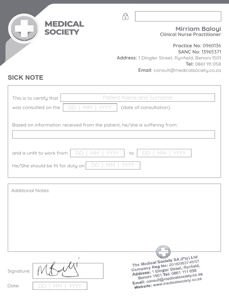 Sick Note Template for Patients | PDF