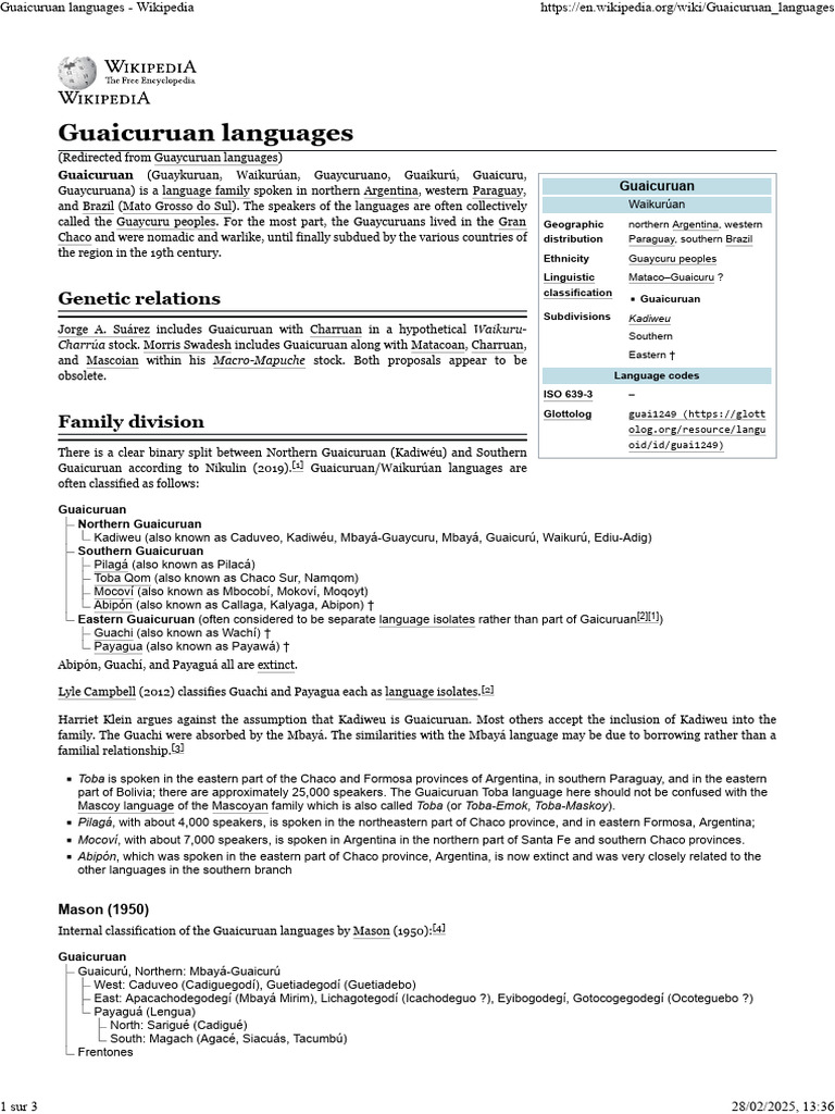 Guaicuruan Language Family Overview | PDF | Language Families | Philology
