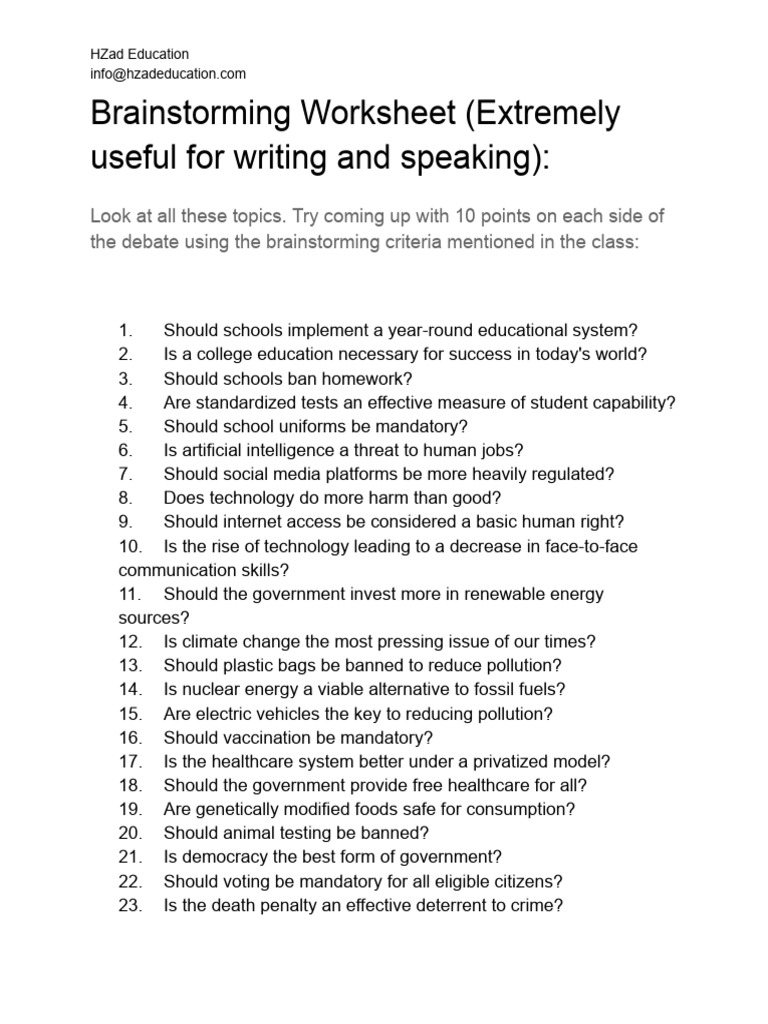 Debate Topics Brainstorming Worksheet Pdf