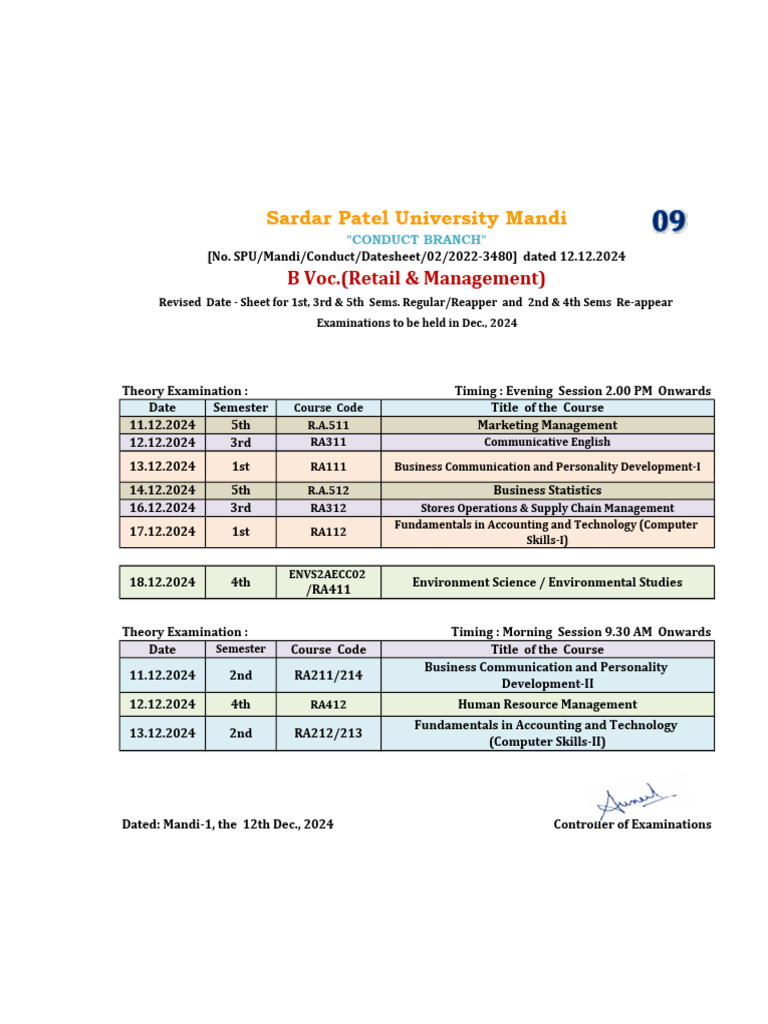 December 2024 Exam Schedule for B Voc. | PDF