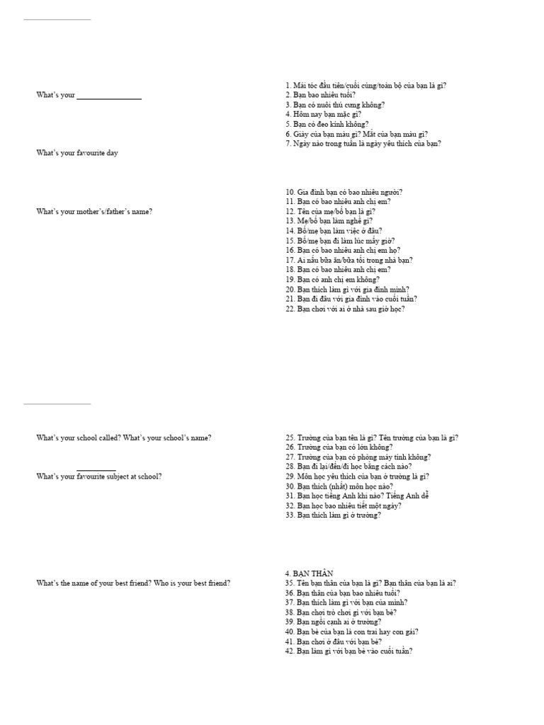 Starters Speaking Questions | PDF