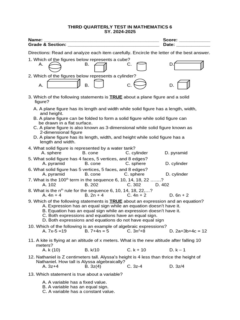 Math 6 Quarterly Test Q3 2024-2025 | PDF | Equations | Area