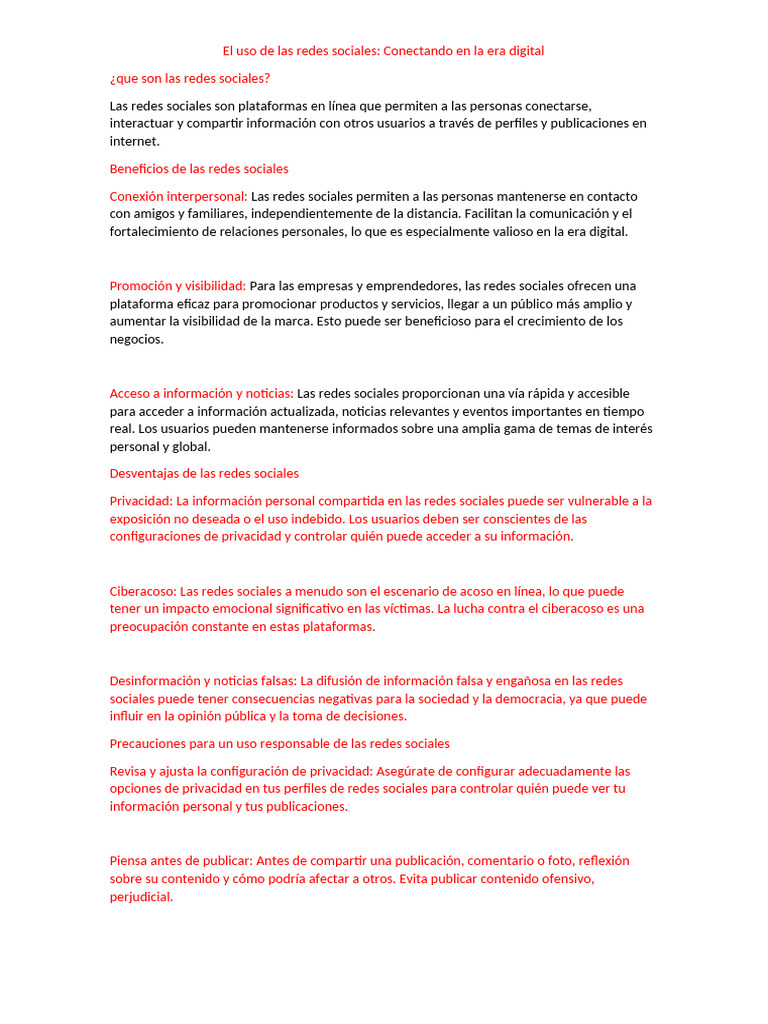 Beneficios y riesgos de las redes sociales | PDF