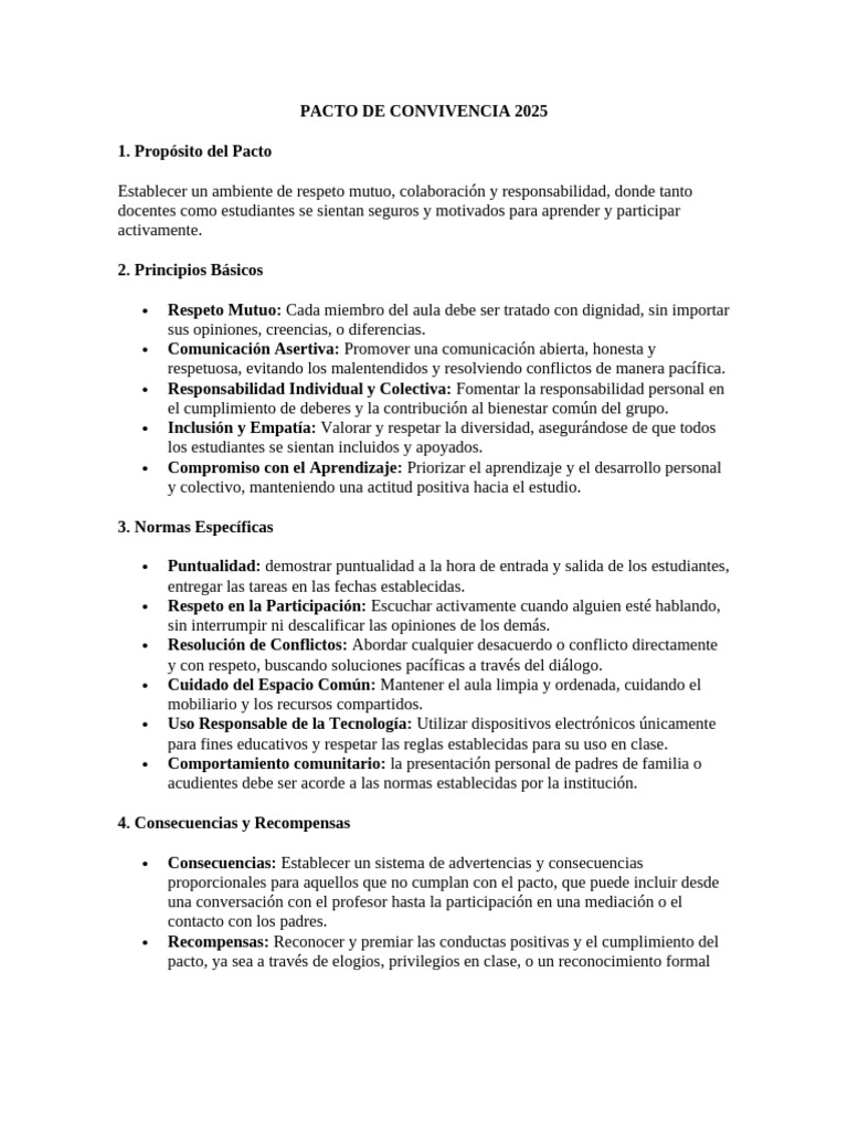 Pacto de Convivencia Escolar 2025 | PDF | Salón de clases | Aprendizaje