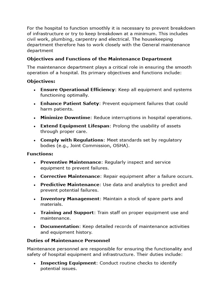 Hospital Maintenance Department Overview | PDF | Systems Engineering