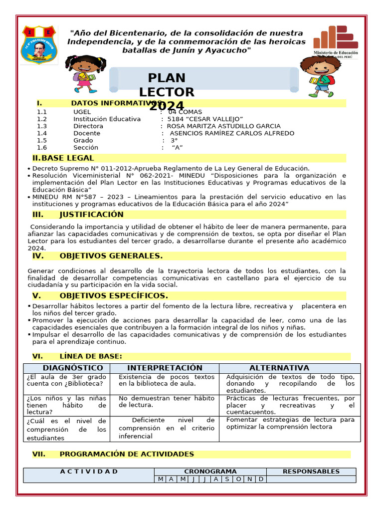 Plan Lector 2024 para Tercer Grado | PDF | Comprensión lectora | Maestros