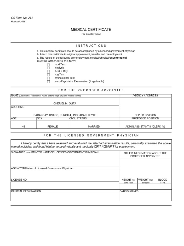 Medical Certificate for Employment Form | PDF | Physician | Health Sciences