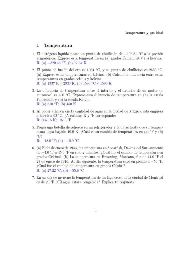 Temperaturas y gas ideal: cálculos y ejemplos | PDF | Gases | Presión