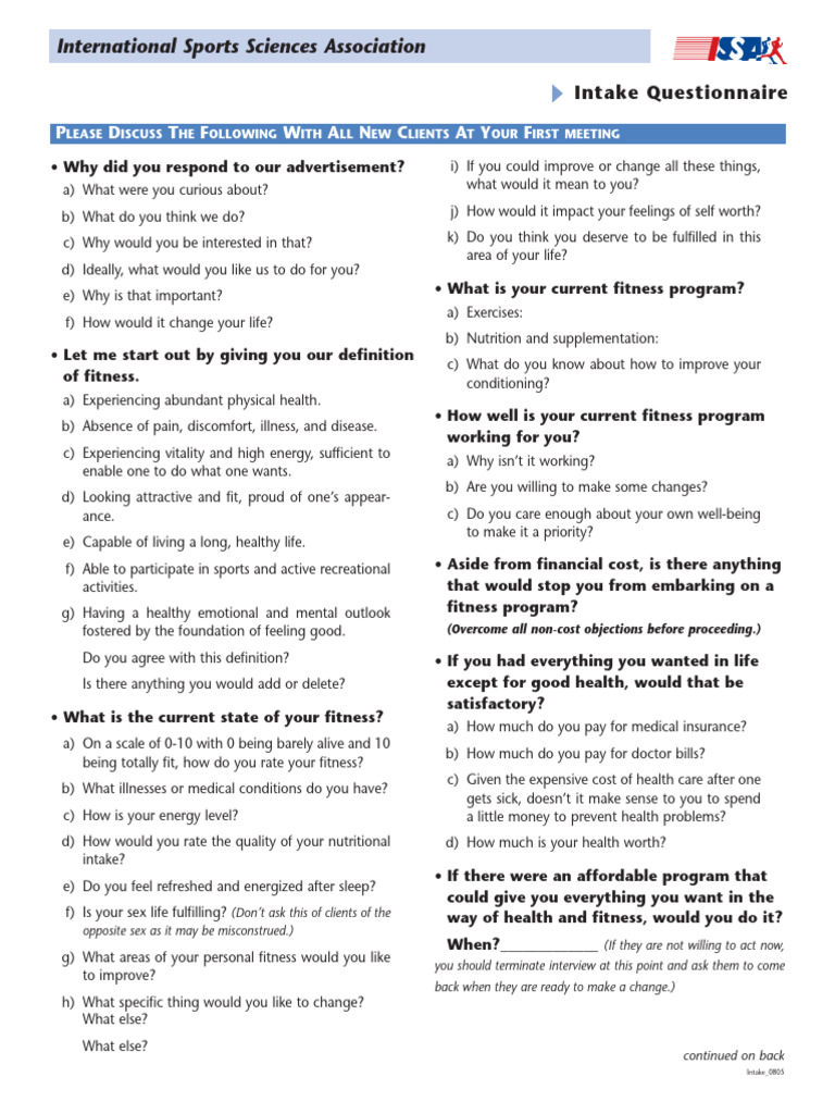 ISSA Intake Questionnaire | PDF | Physical Fitness | Behavioural Sciences