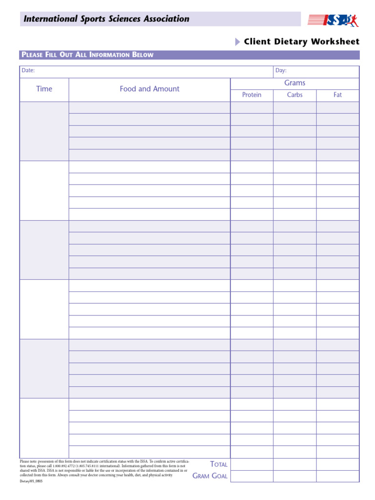 ISSA Client Dietary Worksheet | PDF