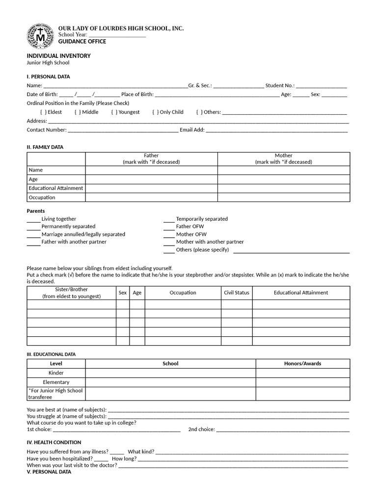 OLLHS Individual Inventory Form | PDF | Stepfamily | Social Psychology