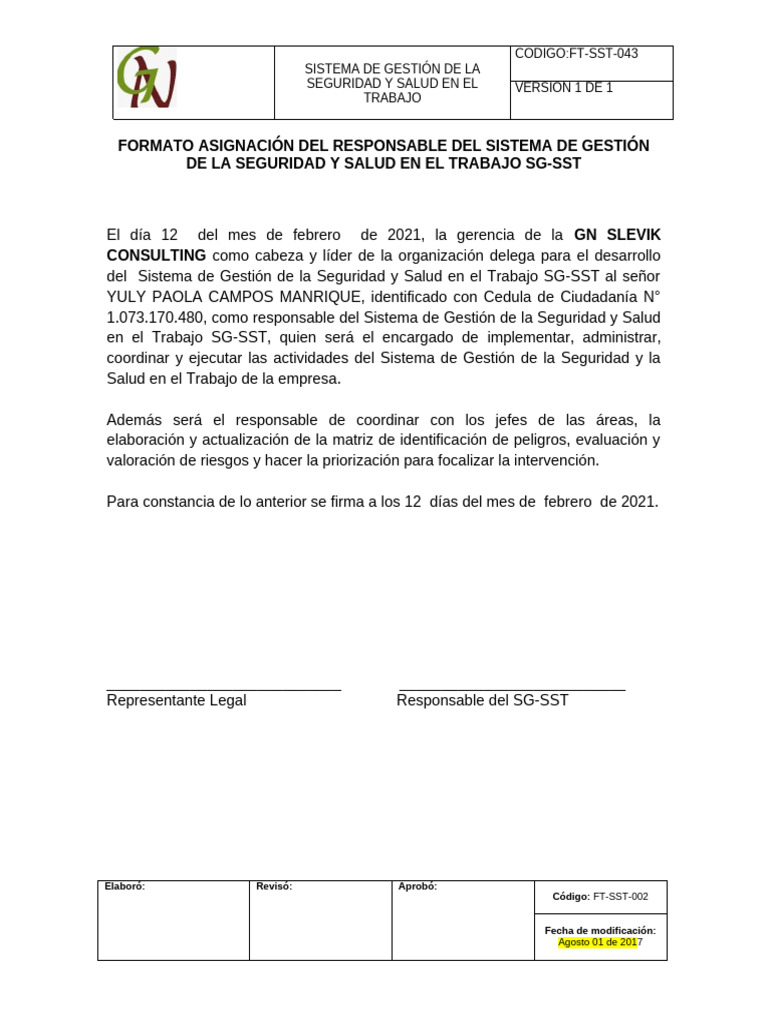 Responsable del SG-SST en GN SLEVIK | PDF