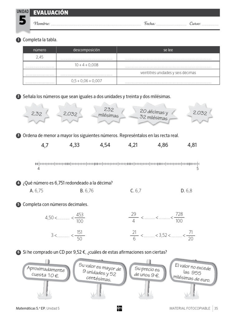 Evaluación de Matemáticas 5.º EP: Unidad 5 | PDF