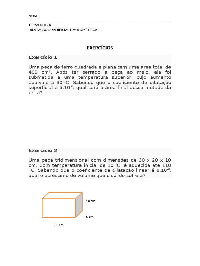 Exercícios de Dilatação Superficial e Volumétrica | PDF