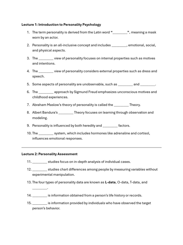 Microsoft Word - PSYC 333 Fill Ins | PDF | Sigmund Freud | Personality ...