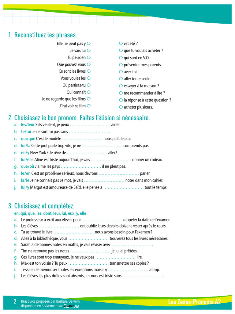 Exercices sur les pronoms A2 | PDF | Pronom | Complément d'objet