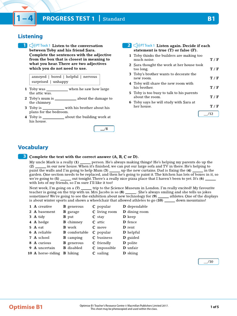 B1 Progress Test: Listening, Reading, Grammar | PDF