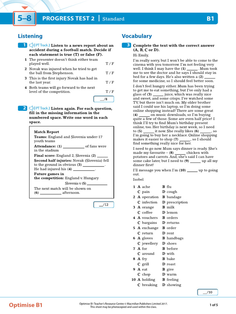 OPT B1 Progress Test 2 Standard | PDF | Chili Pepper