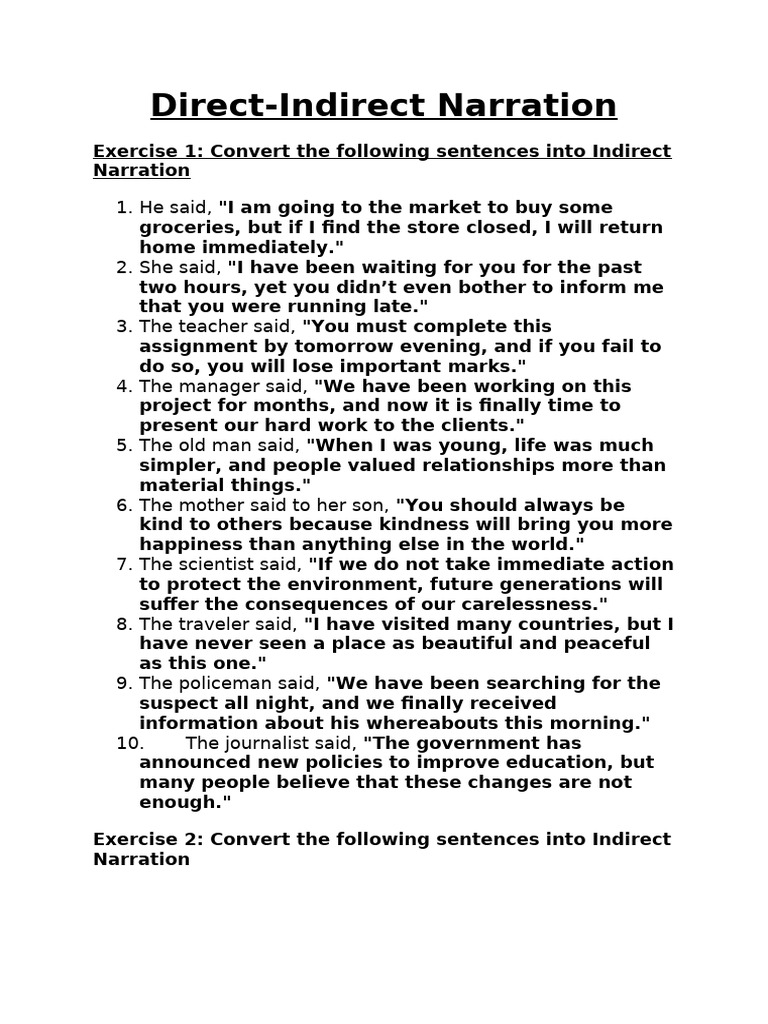 Indirect Narration Conversion Exercises | PDF
