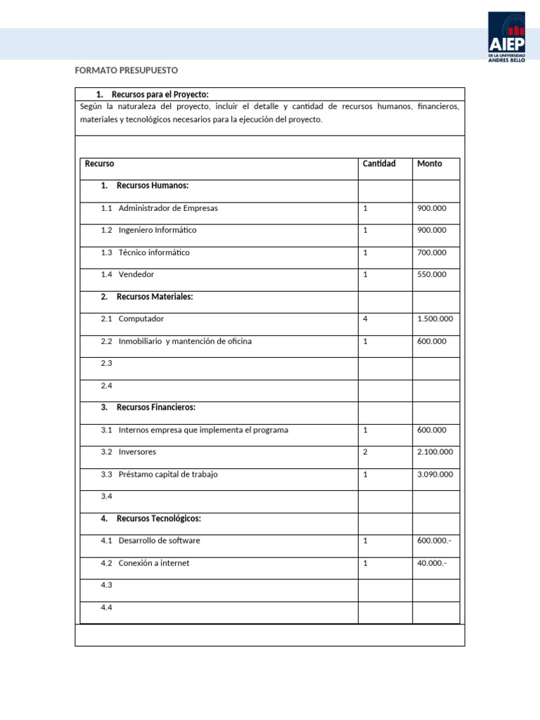 Formato de Presupuesto de Proyecto | PDF | Ingeniería | Ciencias de la ...