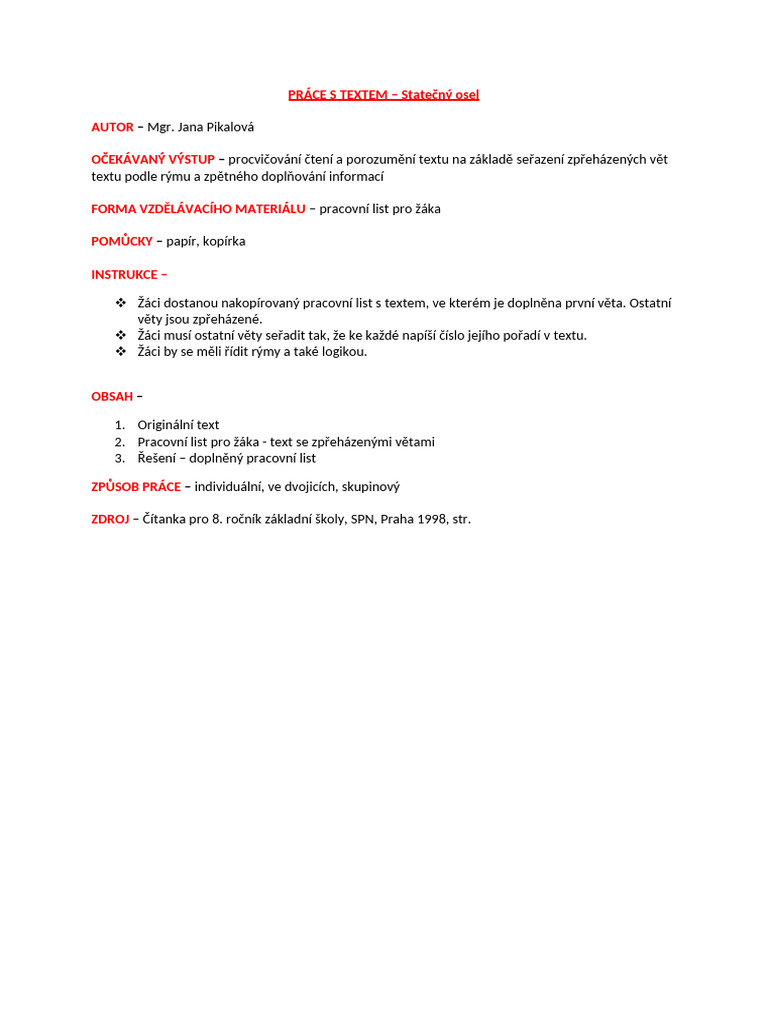 Práce S Textem X. - Statečný Osel | PDF