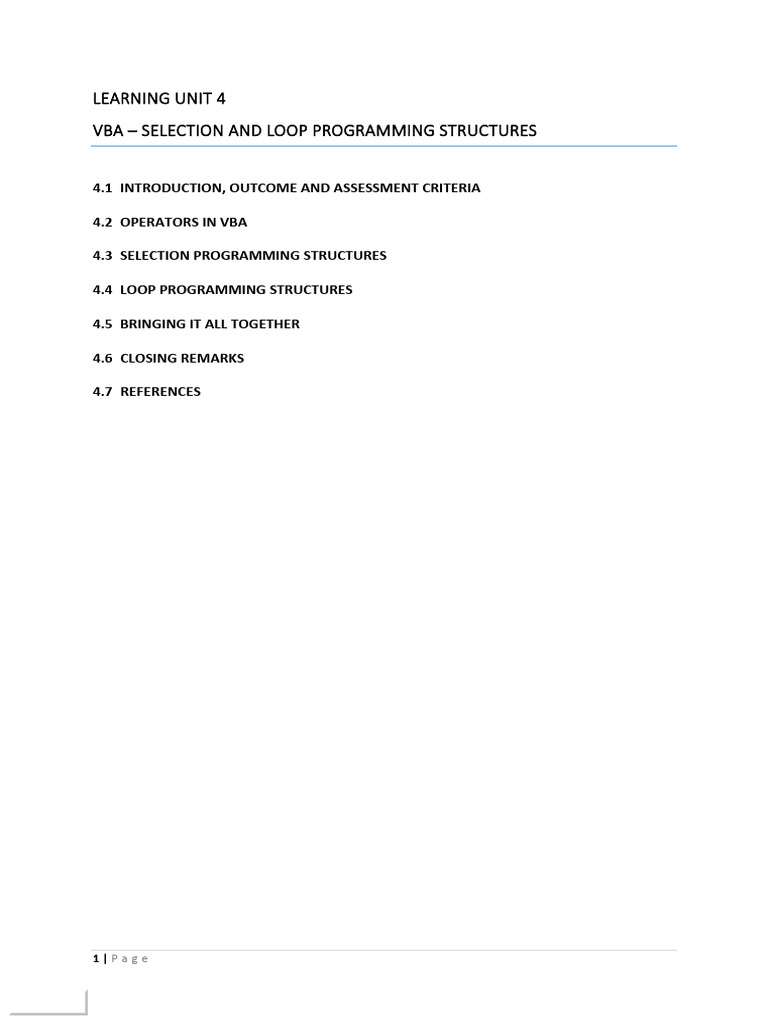 VBA Programming: Selection & Loops | PDF | Microsoft Excel | Control Flow