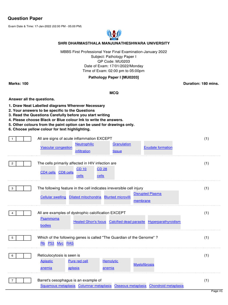 MBBS Pathology Exam Questions 2022 | PDF | Anemia | Glycated Hemoglobin