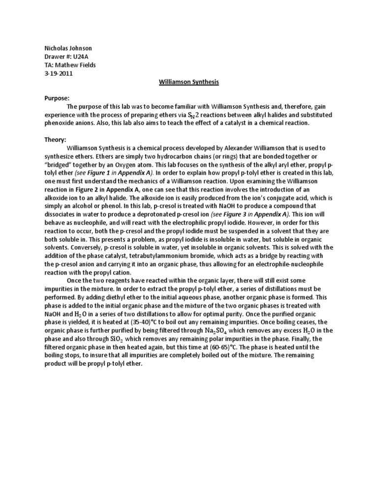 Williamson Synthesis Lab Report Ether Chemical Reactions
